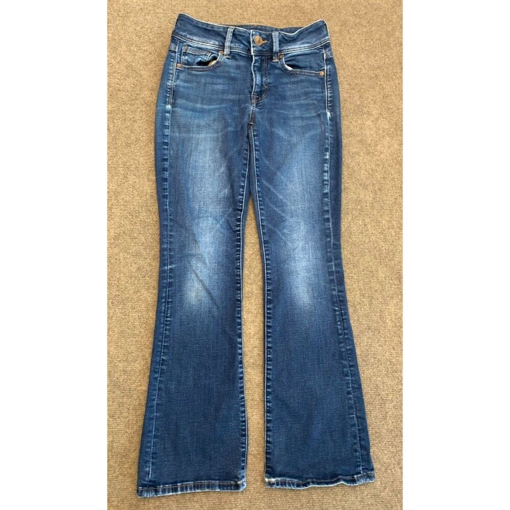 American Eagle Jeans Womens 2 Kick Bootcut Low Rise Stretch Whiskered Y2K Denim